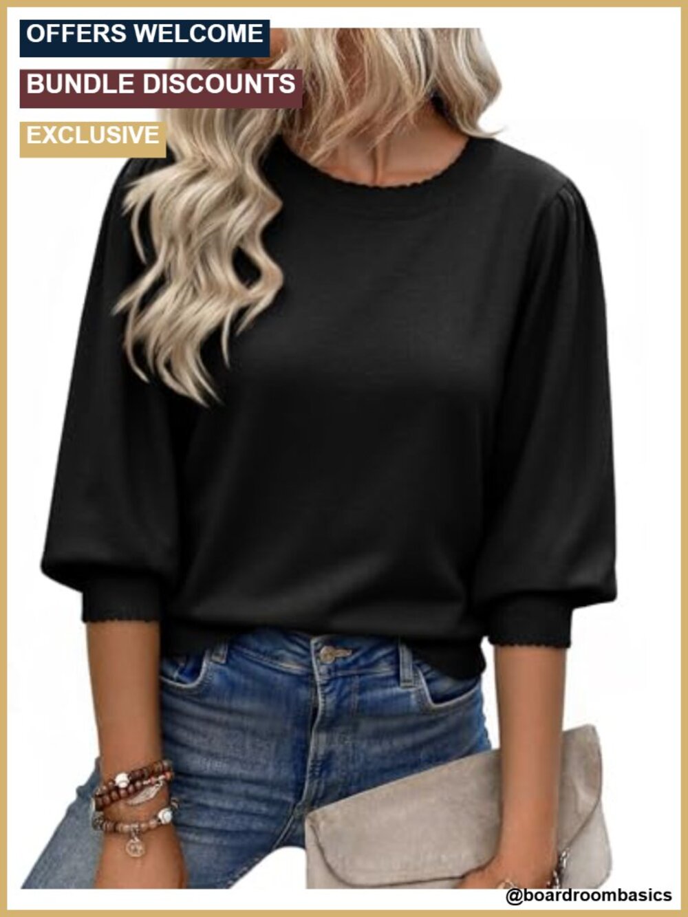 Womens 3/4 Puff Sleeve Knit Sweater Scallop Trim Casual Pullover Top